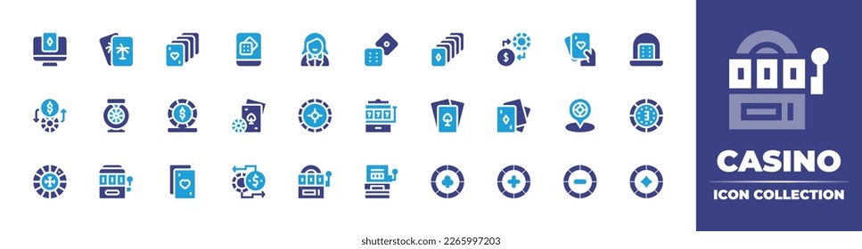 Casino icon collection. Duotone color. Vector illustration. Containing online poker, stud, playing cards, online gambling, dealer, sic bo, money exchange, poker, dice, wheel of fortune, poker chips.