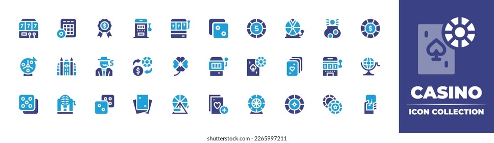 Casino icon collection. Duotone color. Vector illustration. Containing slot machine, bingo, certificate, dice, bonus, wheel of fortune, raffle, chip, lottery, monaco, gambler, exchange, clover.