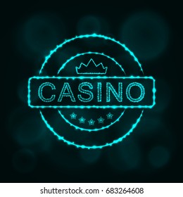 Casino icon. Casino emblem symbol lights silhouette design on dark background. Vector illustration. Glowing Lines and Points. Cyan color.
