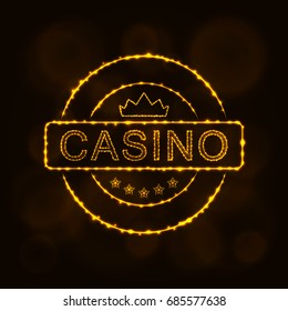 Casino icon. Casino emblem symbol lights silhouette design on dark background. Vector illustration. Glowing Lines and Points. Gold color.
