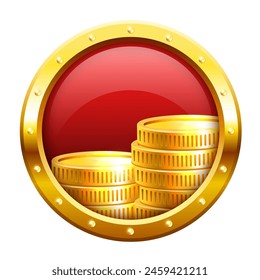 Casino icon. Gold coins on a red round background in a gold frame. Vector illustration isolated on red background.