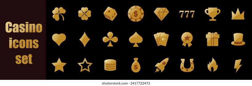 Juego de oro del icono del casino. Colección de iconos de oro vectorial con elementos para concepto móvil y aplicación web. Iconos de máquina tragaperras, ruleta, cartas de juego, dados, póquer y más