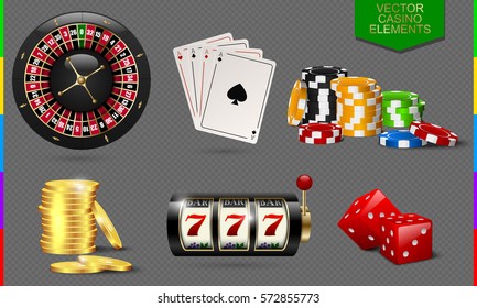 Casino icon isolated on transparent background. Chip, poker card, roulette, slot machine, coins money and red dice set