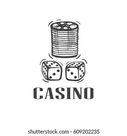 Casino icon with playing chips and dice. Hand drawn vector illustration, design, greeting card, logo.