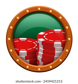 Casino icon. Red chips on a green round background with a brown frame and gold beads. Vector illustration isolated on white background.