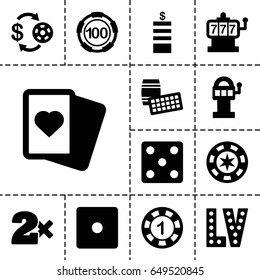 Casino icon. set of 13 filled casino icons such as slot machine, casino chip and money, coin, dice, spades, vegas