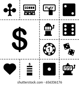 Casino icon. set of 13 filled casinoicons such as clubs, hearts, finger pressing play button, slot machine, coin, 1 casino chip, dice