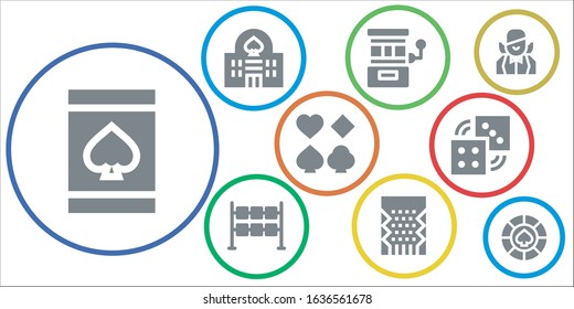 casino icon set. 9 filled casino icons.  Simple modern icons such as: Online gambling, Casino, Slot machine, Dice, Poker, Dices, Croupier