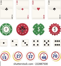 Casino Icon set, with Aces Cards, Poker chips, dices and chips. Vector illustration cartoon.