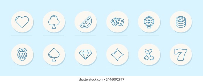 Casino icon set. Card suits, dice, slot machines, winning, excitement, diamond, cherry, chips, strawberry, seven, blue, spade, diamond, hearts, crosses. Gambling concept. Vector line icon.