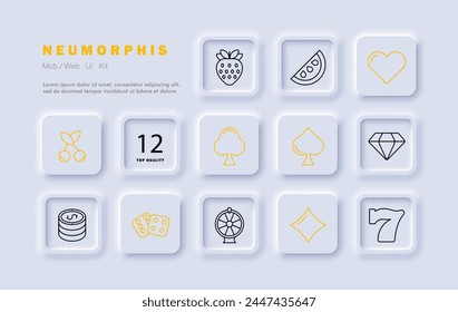 Casino icon set. Card suits, dice, slot machines, winning, excitement, diamond, cherry, chips, strawberry, seven, gradient, spade, diamond, hearts, crosses. Gambling concept. Neomorphism style.