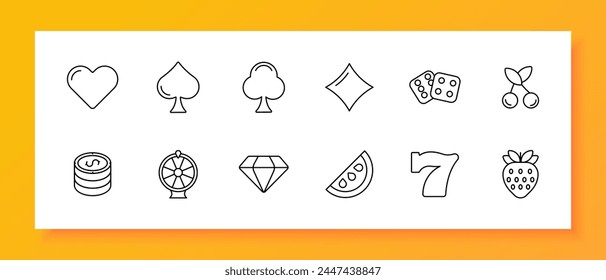 Casino icon set. Card suits, dice, slot machines, winning, excitement, diamond, cherry, chips, strawberry, seven, spade, diamond, hearts, crosses. Gambling concept. Vector line icon.