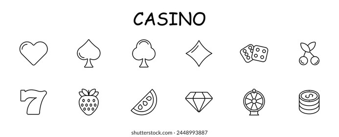 Casino icon set. Card suits, dice, slot machines, winning, excitement, diamond, cherry, chips, strawberry, seven, spade, diamond, hearts, crosses. Gambling concept. Vector line icon.