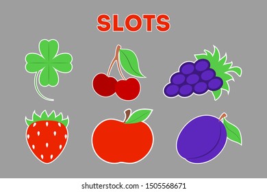 Casino icon set. Clover, apple and cherry. Isolated vector illustration in flat style