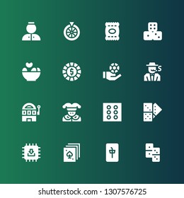 casino icon set. Collection of 16 filled casino icons included Domino, Mahjong, Poker, Chip, Dice, Joker, Slot machine, Gambler, Chips, Dices, Roulette, Bellhop