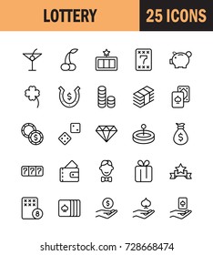 Casino icon set. Collection of high quality outline lottery pictograms in modern flat style. Black gambling symbol for web design and mobile app on white background. Winnnig line logo.