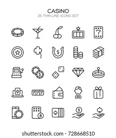 Casino icon set. Collection of high quality outline lottery pictograms in modern flat style. Black gambling symbol for web design and mobile app on white background. Winnnig line logo.
