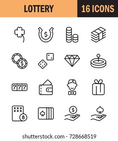 Casino icon set. Collection of high quality outline lottery pictograms in modern flat style. Black gambling symbol for web design and mobile app on white background. Winnnig line logo.