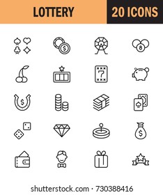 Casino icon set. Collection of high quality outline lottery pictograms in modern flat style. Black gambling symbol for web design and mobile app on white background. Winning line logo.