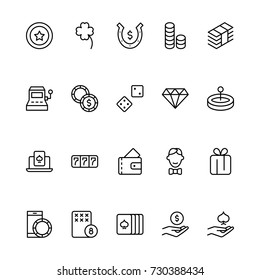 Casino icon set. Collection of high quality outline lottery pictograms in modern flat style. Black gambling symbol for web design and mobile app on white background. Winning line logo.