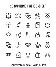 Casino icon set. Collection of high quality outline lottery pictograms in modern flat style. Black gambling symbol for web design and mobile app on white background. Winnnig line logo.