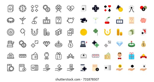 Casino icon set. Collection of high quality outline lottery pictograms in modern flat style. Black gambling symbol for web design and mobile app on white background. Winnig line logo.