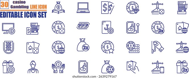 Casino icon set. Containing gambling, poker, slot machine, dice, playing cards, poker chips and jackpot icons. Solid icon set.