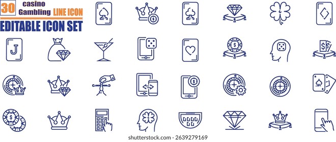 Casino icon set. Containing gambling, poker, slot machine, dice, playing cards, poker chips and jackpot icons. Solid icon set.