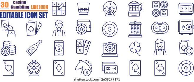 Casino icon set. Containing gambling, poker, slot machine, dice, playing cards, poker chips and jackpot icons. Solid icon set.