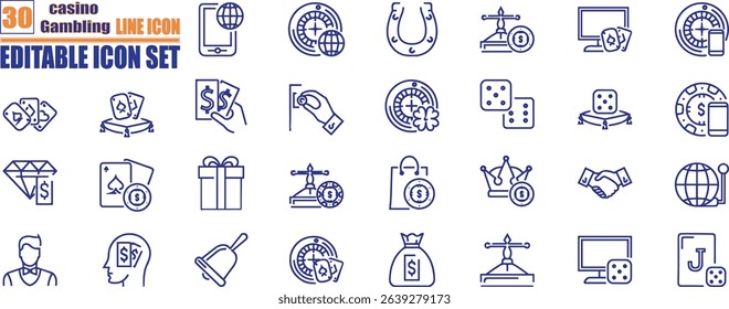Casino icon set. Containing gambling, poker, slot machine, dice, playing cards, poker chips and jackpot icons. Solid icon set.