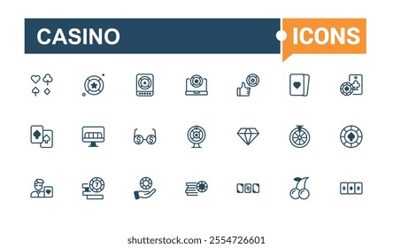 Casino icon set. Contains related to bright, pictogram, las vegas, prize, gold, light and more. Outline symbol collection. Outline and solid pictogram.