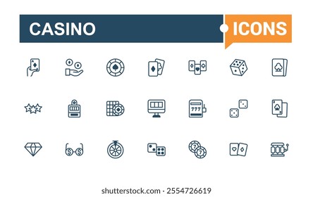 Casino icon set. Contains related to bright, pictogram, las vegas, prize, gold, light and more. Outline symbol collection. Outline and solid pictogram.