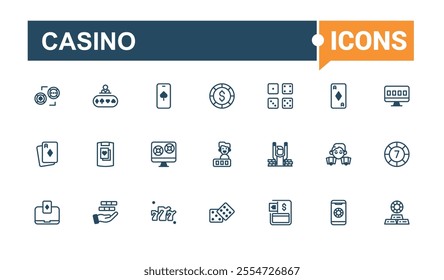 Casino icon set. Contains related to bright, pictogram, las vegas, prize, gold, light and more. Outline symbol collection. Outline and solid pictogram.