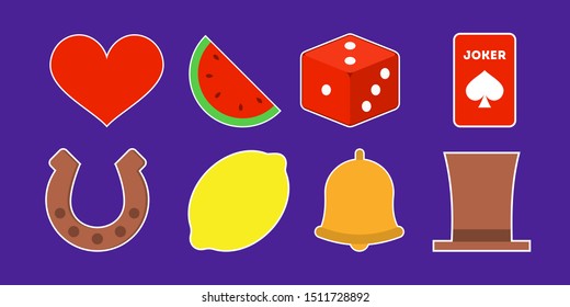 Casino icon set. Dice and lemon, bell and heart. Isolated vector illustration in flat style