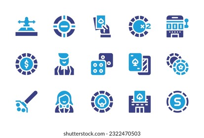 Casino icon set. Duotone color. Vector illustration. Containing roulette, poker chip, poker, chip, slot machine, croupier, dice, playing card, casino chips, dealer, spade, casino, casino chip.