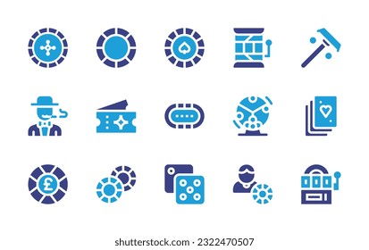 Casino icon set. Duotone color. Vector illustration. Containing roulette, chip, slot machine, player, ticket, poker table, lottery, playing cards, game, coin, dice, casino, slot.