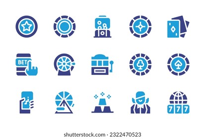 Casino icon set. Duotone color. Vector illustration. Containing coin, gambling, lottery, roulette, poker, bet, fortune wheel, slot machine, chip, casino chip, mobile game, bingo, gold ingots, croupier