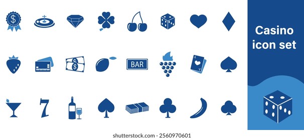 Casino icon set, gambler, winner, entertainment, dollar, cocktail, web, club, chip, rich, icon, card suit, online, seven, jackpot, heart, lucky, cherry, prize, diamond, gambling and more.