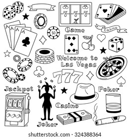 Casino icon set hand drawn. Doodle big collection of game icons and casino icons. Illustration with sketch objects and poker elements, las vegas symbol. Black and white background with playing cards