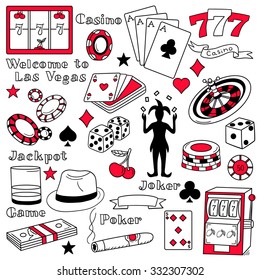 Casino icon set hand drawn. Doodle big collection of game icons and casino icons. Illustration with sketch objects and poker elements, las vegas symbol. Black and white background with playing cards