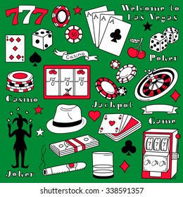 Casino icon set hand drawn. Doodle big collection of game icons and casino icons. Illustration with sketch objects and poker elements, las vegas symbol. Colorful background with playing cards, slots