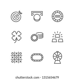 Casino icon set including dart, slot machine, coin, poker, bet, luck, gold, tic tac toe, poker table, fortune wheel