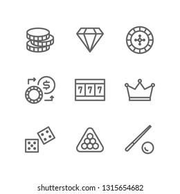 Casino icon set including poker, diamond, roulette, jackpot, crown, dice, billiard, token