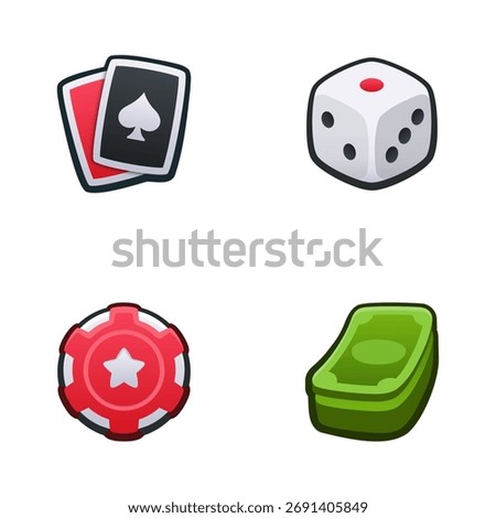 Casino icon set. Isolated vector illustration of mobile game sprites. Design for stickers, logo, mobile app. Arcade or match 3 2d graphics game asset. Flat 3d item sprites sheet.