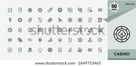 Casino icon set in linear style. Pictograms of card, gamble, poker, gambling, ace, jackpot, dice and more. Jackpot icon set. Minimalist editable vector stroke. Signs for web and mobile app.