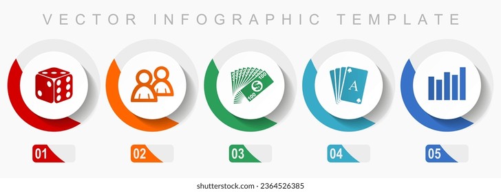 Casino icon set, miscellaneous icons such as dice, playing cards and money, flat design vector infographic template, web buttons in 5 color options