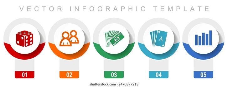 Casino icon set, miscellaneous vector icons such as dice, playing cards and money, modern design infographic template, web buttons in 5 color options