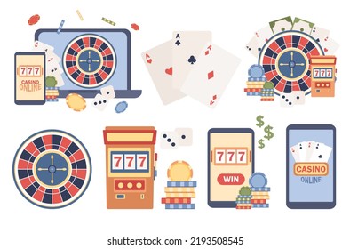 Casino Icon Set. Slot Machine, Online Poker, Wheel Of Fortune, Roulette. Internet Gambling Concept. Jackpot. Vector Flat Illustration 