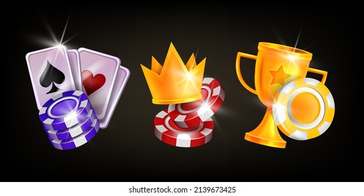 Juego de iconos de casino, juego de logos de juegos de Vegas de vectores de póquer, copa ganadora de oro, fichas, corona de victoria real. Bandera de suerte en negro, regalo de trofeo de torneo web, blackjack jugando cartas. Iconos del casino 3D