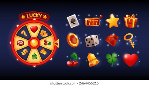 Casino-Symbol. Spielautomat. In: Gambling UI. Jackpot-Cartoon-Maschine. Poker und Roulette. Geldmünze. Goldkrone. Geschenkbox. Vegas-Preis. Kirsche oder Shamrock. Spinnrad. Vektorgrafik aufgeräumte mobile GUI-Elemente